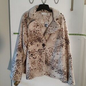 Susan Graver animal print fleece fur jacket 2X beige brown nwot fall